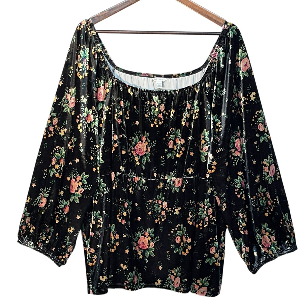 Cato‎ Blouse 22W/24W Black Velvet Floral Whimsigoth Peasant Top Square Neck
